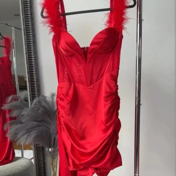 RED FEATHER MINI DRESS - Picture 3 of 5